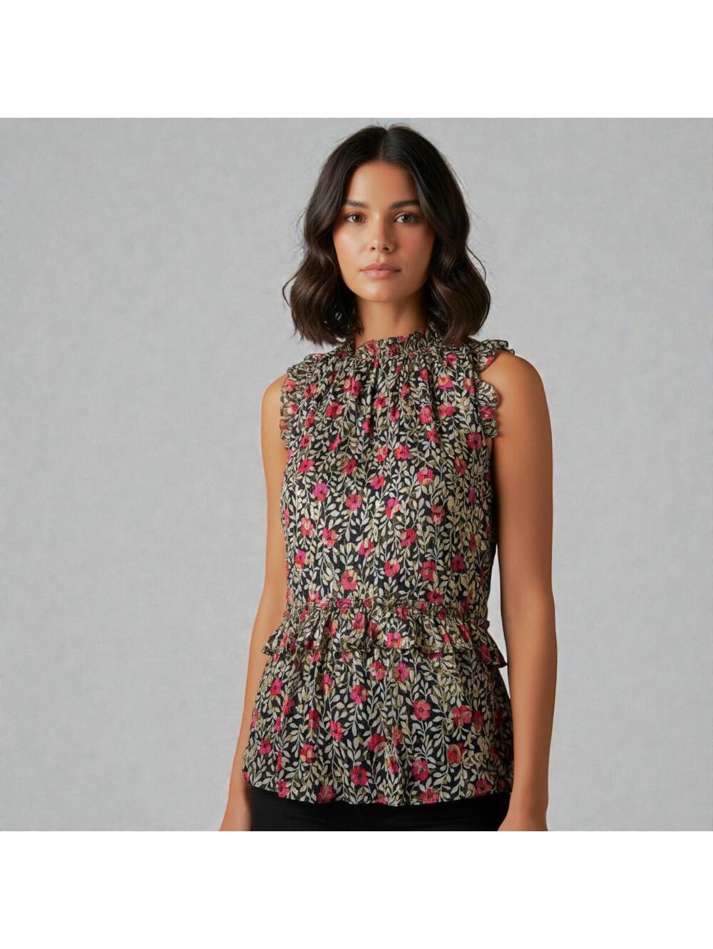 Kate Spade Floral Park Clip Dot Metallic Silk Blouse Red Ruffle Top XXS NWOT